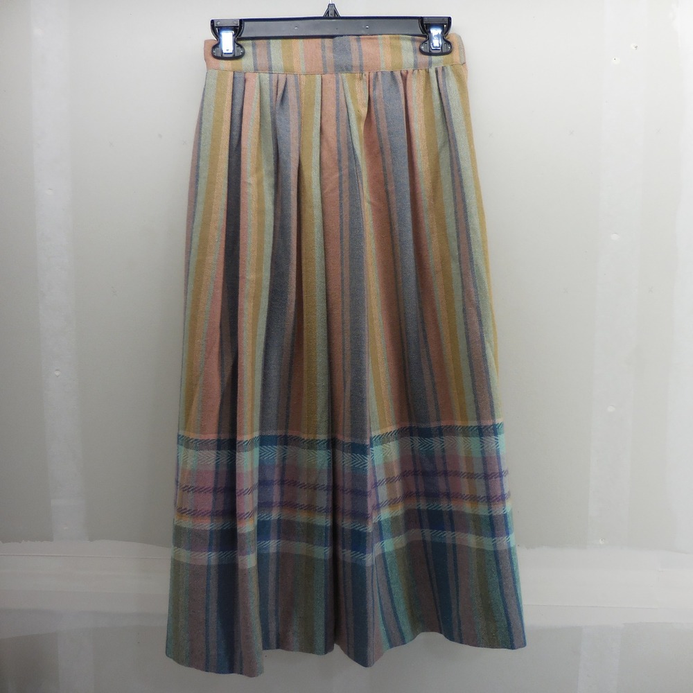 Vintage Clyde Multi Color Striped Plaid Pleated Midi Skirt High Waist Earth Tone